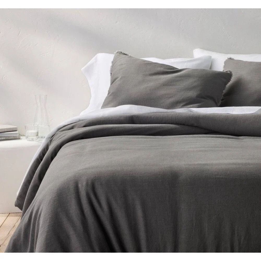 Full/Queen Heavyweight Linen Blend Comforter & Sham Set Dark Gray - Casaluna NEW